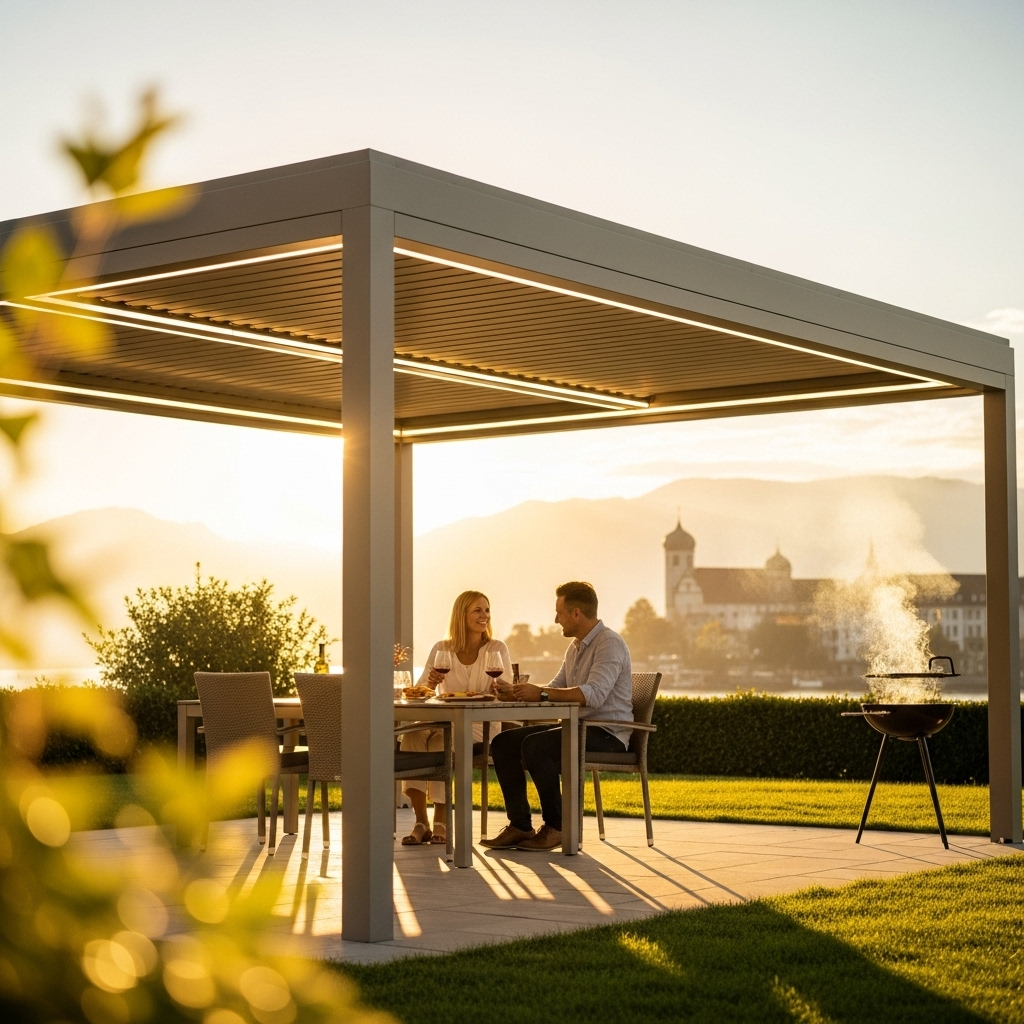 a man and woman sitting at a table under a pergola